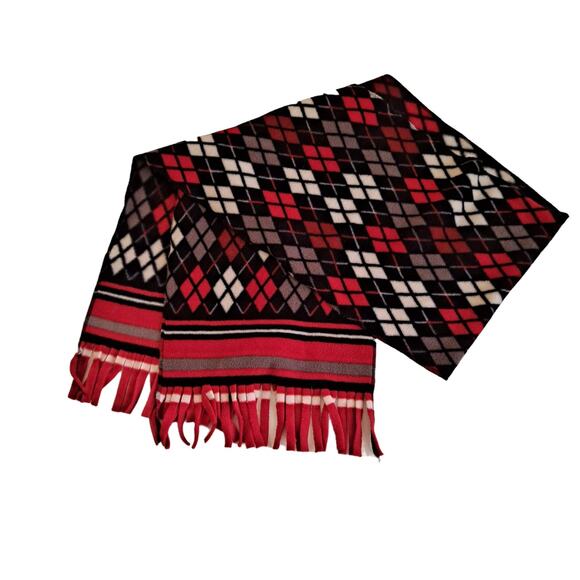 St. John's Bay Kids Red & Black Diamond Pattern Fleece Scarf w/ fringes 10"X56" - Picture 2 of 13